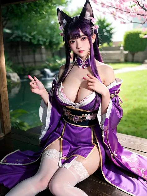 masterpiece, best quality,multiple girls, breasts, 2girls, little girls,yae miko, raiden shogun, purple eyes, pink hair, japanese clothes, purple hair, large breasts, long hair, cleavage, hair ornament, thighs, purple kimono, thighhighs, bangs, animal ears...