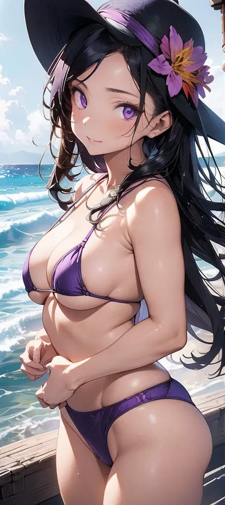 A beautiful woman with long purple hbright air, bikinis , detailed facial features, high quality, photorealistic, cinematic lighting, dramatic colors, Put on a few pieces of mat.,big breasts,beach,flower,hat,