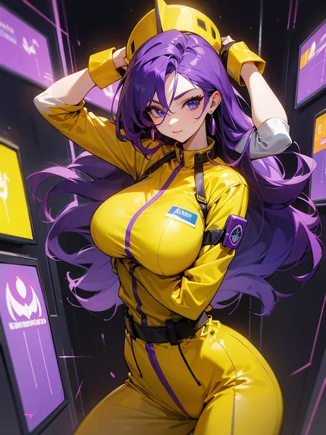 a mature woman , pose de heroi, big purple hair, blue bright eyes, wearing a mustard yellow jumpsuit. pose de heroi, big breasts...