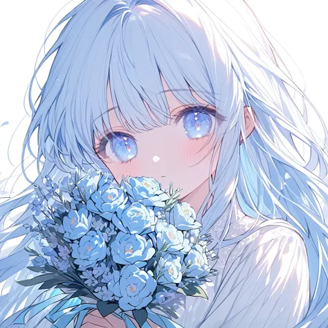 soft lines、girl、light blue、((((hold light blue bouquet))))、💐💐💐💐💐💐💐💐💐💐💐、upper body、long hair、white dress、white background、front、l...