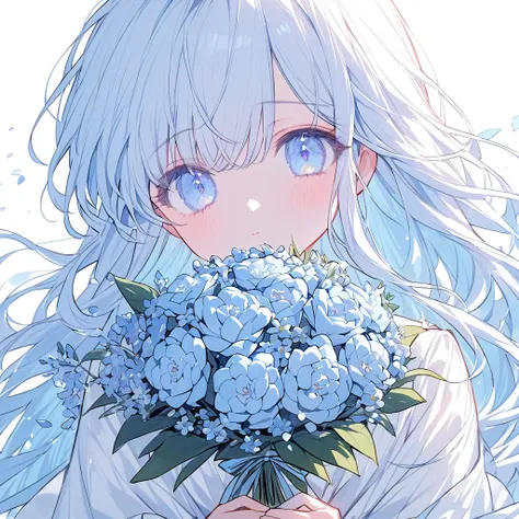 soft lines、girl、light blue、((((hold light blue bouquet))))、💐💐💐💐💐💐💐💐💐💐💐、upper body、long hair、white dress、white background、front、l...