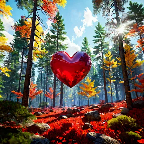 "visualize an interpretation of a heart , floating through the sky above a living and dynamic forest. incorporate bold colors an...