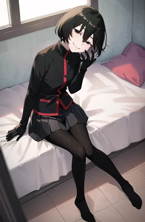 (masterpiece,Highest quality, detailed), One girl, alone, indoor, bed, Sitting, Half-closed eyes, smile, Mouth closed, whole body, Tilt your head, From above, View your viewers,
Oshino Ougi, gakuran, Black gloves, Black jacket, Pleated skirt, Black Pantyho...