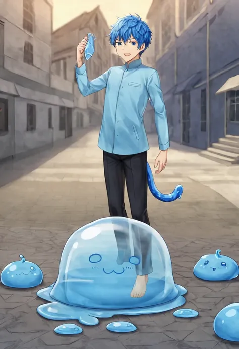 Boys，Little male cat，boy们，Has a tail，charming的，Thin，struggle，eternal，Crystalline，Blue slime，Feet turned into crystal，双手变成Blue slime，illumination，freeze，脚被freeze，charming，boy，Blue crystal feet，穿着Tight Fit衣，plastic，Full body portrait，Smooth，全身Tight Fit衣，Thin...