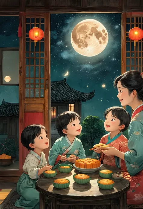 (top quality、8k、masterpiece:1.3)、illustration of a full moon and stars in the sky，the family sits together and eats mooncakes,mo...