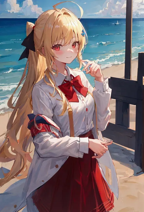 masterpiece, best quality, ultra-detailed, illustration, close-up, straight on, face focus, 1girl, ijichi_nijika, solo, blonde_hair, shirt, white_shirt, red_eyes, side_ponytail, bow, collared_shirt, red_bow, smile, bangs, outdoors, upper_body, sidelocks, c...