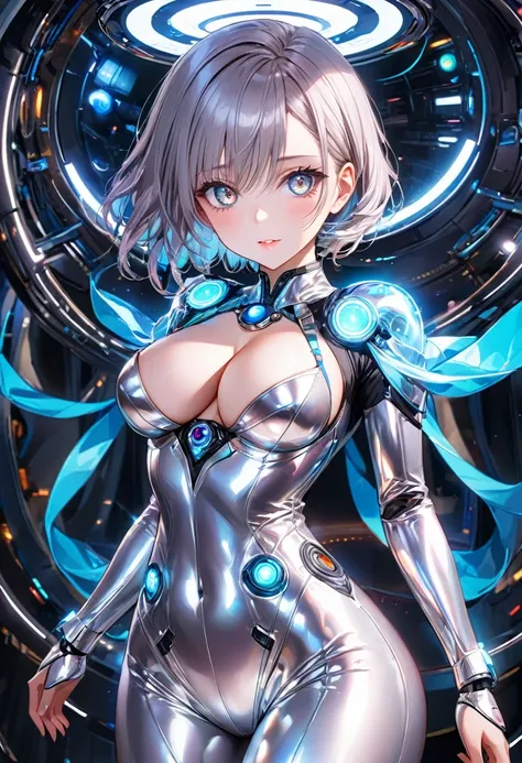 1 mature beautiful woman,(Highest quality,Extremely detailed depiction,Incredibly absurd high resolution,Anatomically accurate depiction,Curvy Legs,Detailed pupil),(Glowing Skin,Shiny skin),(A futuristic AI navigator),(Ultra-reflective silver latex bodysui...