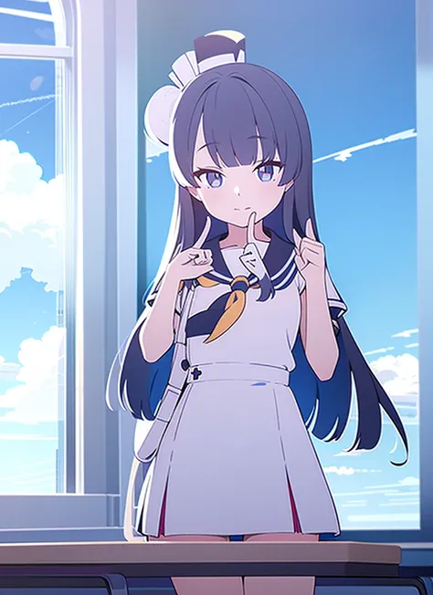 1girl, classroom, Sailor suit, short sleeve, Cumulonimbus, blue sky, buzzer, Window, long hair, blunt bangs, masterpiece, from front, cowboy hat , ((no hat:1.3)), put index finger on mouth, standing