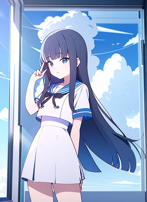 1girl, classroom, Sailor suit, short sleeve, Cumulonimbus, blue sky, buzzer, Window, long hair, blunt bangs, masterpiece, from front, cowboy hat , ((no hat:1.3)), put index finger on mouth, standing