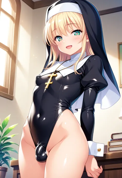 1boy, tidy, futanari, micro penis, Bulge between the legs, tiny girl, young girl, mesugaki, mesugaki smile, Nuns, nuns costumes, Teasing, naughty looks, heart eyes, A girl pointing to her own head:1.3, tidy, Focus on the girl, glossy skin, oily skin, Gravu...