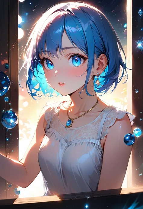 masterpiece, Highest quality, Raise your consciousness, Sax Blue, プラチナEarrings, Platinum Necklace, White Dress, One Girl, cute, (Dynamic Lighting:1.2), Cinema Lighting, Delicate facial features, Detailed eyes, Sharp pupils, Realistic student, Written bound...