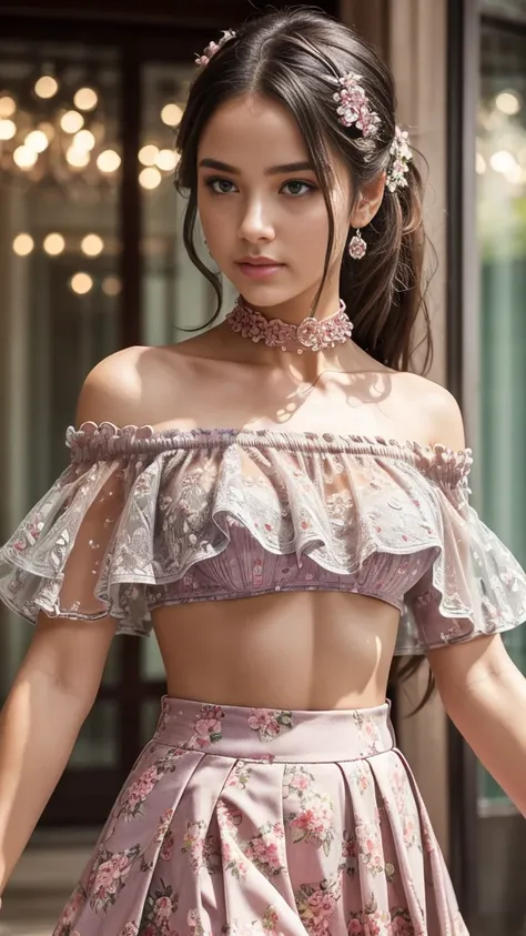 (best quality, masterpiece), 1girl, intricate details, off shoulder, skirt, choker, frills, see-through, looking at viewer, blush, upper body, blurry background, floral print, contrapposto