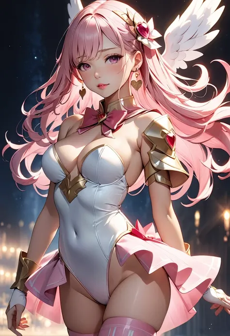 (Perfect Anatomy)、masterpiece、super high quality、 8k、masterpiece、Highest quality、Ultra-high resolution、Maximum resolution、Very detailed、Professional Lighting、anime、woman、thin、so beautiful、Very detailedな目、Very detailedな顔、Gold earrings、Pink Hair,、Pink Eyes、C...