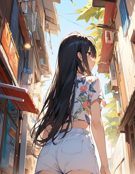 (Top quality illustrations:1.2), (pretty girl:1.1), 1 girl、17 years old、Black Hair、Semi-long hair、Summer fashion、from behind, from below