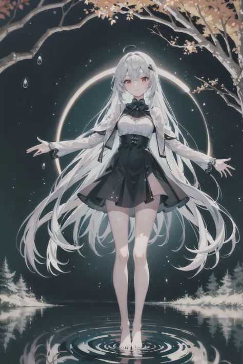 Dreamy and beautiful moonlight in the dark forest。View of a 15-year-old girl from above。(wet silver hair and red eyes)。smile slightly。She wore only a long transparent white cloth with beautiful lace trim。Soak the cloth in water。(splashing in the dark fores...