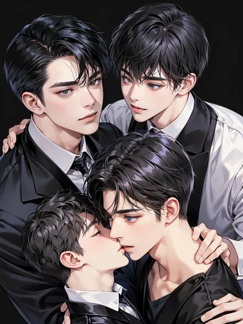 Two men with different heighten and little men、Black-haired man、Man hugging each other、A detailed face、Happy expression on face、Lovers、Boys Love、make love、Two men
,no background