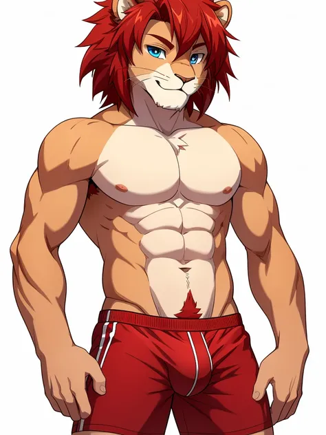 (masterpiece, 4K, ultra detailed), lion furry, masculine, athletic, lean, red hair, short messy haircut, red pubic hair, illustration, simple colors, white background, cute, soft smile, gentle, single, black boxers, bulge, teen, anime, blue eyes