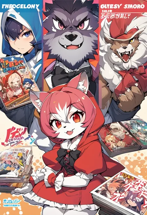 A doujinshi cover with a The werewolf of the bartender and the guests Red Riding Hood, furry, kemono, with some elements of comedy manga,