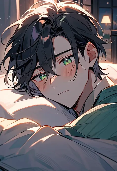 It depicts a young man lying on a bed. He has black hair and green eyes., His face flushed slightly, He seems confused.. Room booked at night, Soft night light. His eyes are fixed on something, The work shows a delicate emotion.