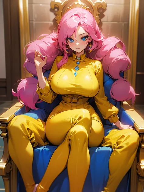 a mature woman , pose de heroi, big pink hair, blue bright eyes, wearing a mustard yellow jumpsuit. pose de heroi, big breasts35 years old, sitting on a royal throne