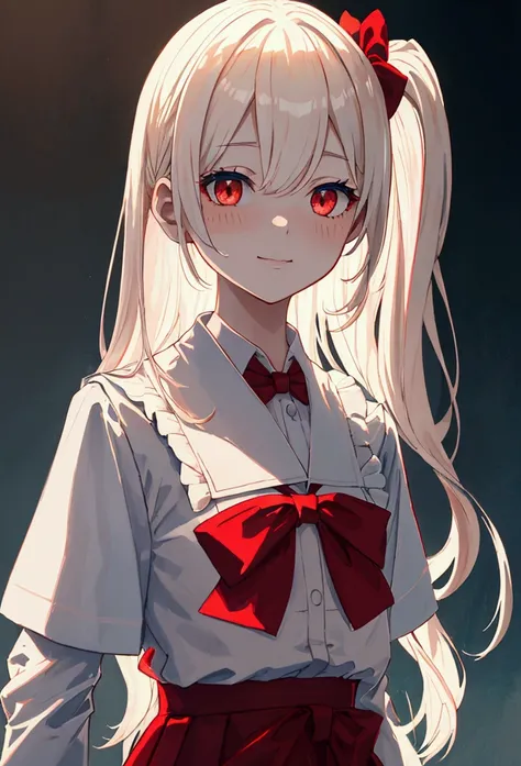 (portrait), masterpiece, best quality, ultra-detailed, illustration, close-up, straight on, face focus, 1girl, ijichi_nijika, solo, blonde_hair, shirt, white_shirt, red_eyes, side_ponytail, bow, collared_shirt, red_bow, smile, bangs, outdoors, upper_body, ...