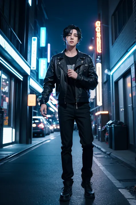 Image of an idol with black hair and a dark blue streak with a background of a night city with moving cars and buildings full of light