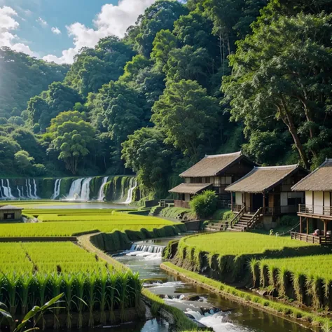 waterfall near rice fields 