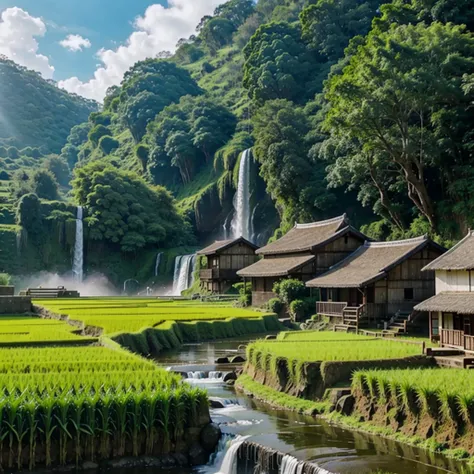 waterfall near rice fields 