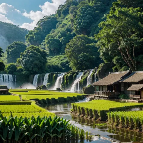 waterfall near rice fields 