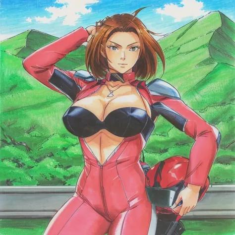 a drawing of a woman in a red suit with a helmet, full body zenkai! asuka suit, inspired by Leiko Ikemura, anya from spy x family, gainax anime style, inspired by Hiromu Arakawa, inspired by Ikuo Hirayama, asuka suit under clothes!, high quality colored sk...