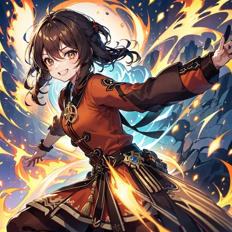 1 girl, genshin impact, hut style, power of fire, Grinning, grappling, brown clothes with yellow details, blurred shimmering power, body detailed, ((best qualityer)), ((4K))