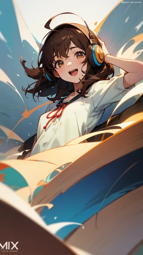 One girl, Brown Hair, Medium Hair, Textured skin, chest, Open your mouth, Bright Eyes, happiness/joy, Simple Background, Headphones worn behind the head, Illustration effect for posters and magazines, anime, 