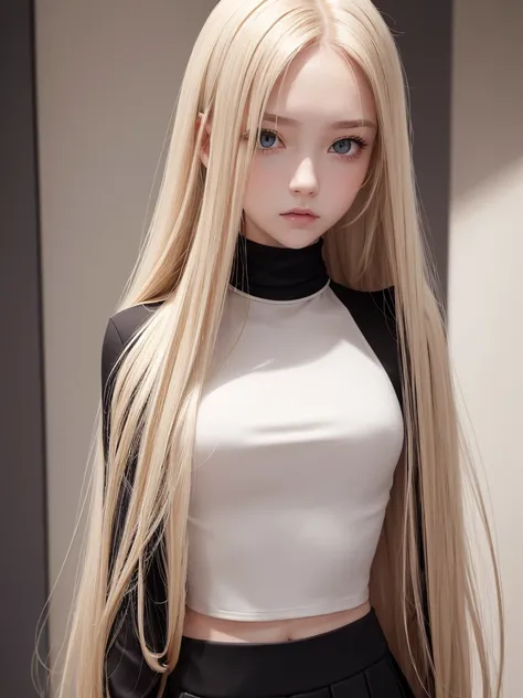 (best quality), 1girl, female, porcelain skin, blonde hair, straight hair, long hair, swoopy tips, Flipped-up ends, brown eyes, perfect eyes, crop turtleneck top, black skirt, slender, , small bust, shy, masterpiece, anatomically correct, highres
