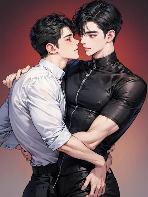 Two men with different heighten and little men、Black-haired man、Man hugging each other、A detailed face、Happy expression on face、Lovers、Boys Love、make love、Two men
,no background