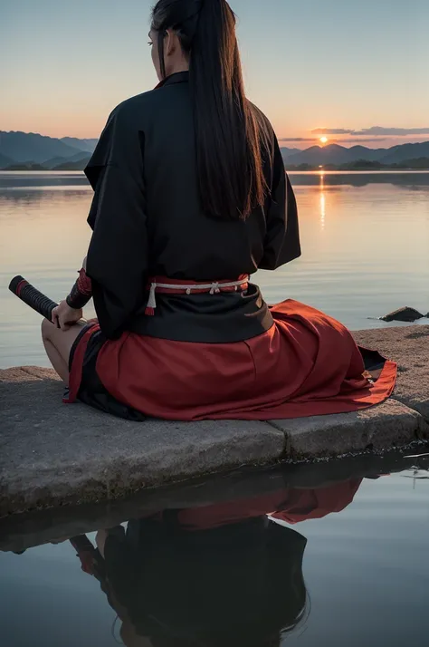 Create an image of a samurai sitting and reflecting. May it be dawn and may your long hair be moving due to the wind