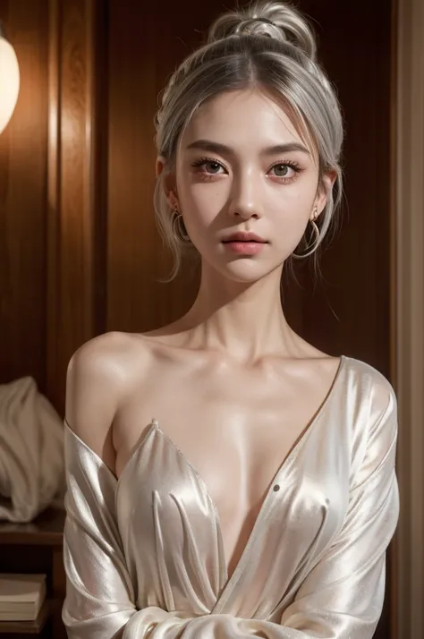 (best quality, Masterpiece:1.2), Ultra high resolution, realistic, Headlight, complicated details, Beautiful details and textures, 1 girl, alone ,(young), Highlight the face, upper body, detailed face, Torn mole, white skin, silver hair, ponytail, braided ...