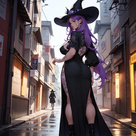 older woman, in their 30s, with long purple hair and tall, curvy body seen from behind, standing backwards, breasts big, Breasts huge, (work of art, best qualityer:1.2) wearing the legendary great black dress of the mystical sorceress, Big witch hat, stand...