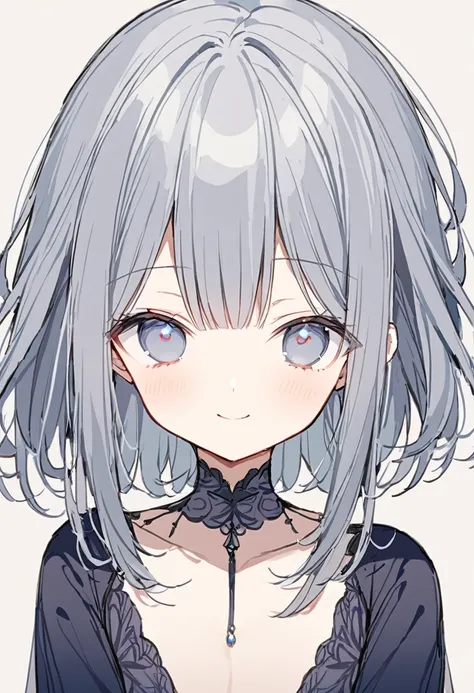 One Girl、Light blue-grey eyes and hair、dull, Pale eyes and hair、Dark blue long sleeve dress、smile、Perfect Face、Cute Face、A perfect masterpiece、Highest quality、sketch、Big eyes、Perfect Face立ち、Beautiful Eyes、Detailed、delicate、