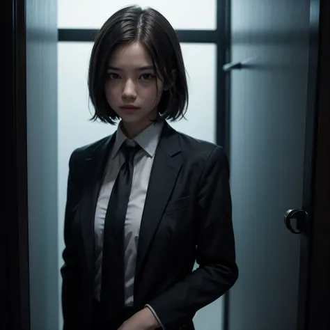 girl in suit in dark room 