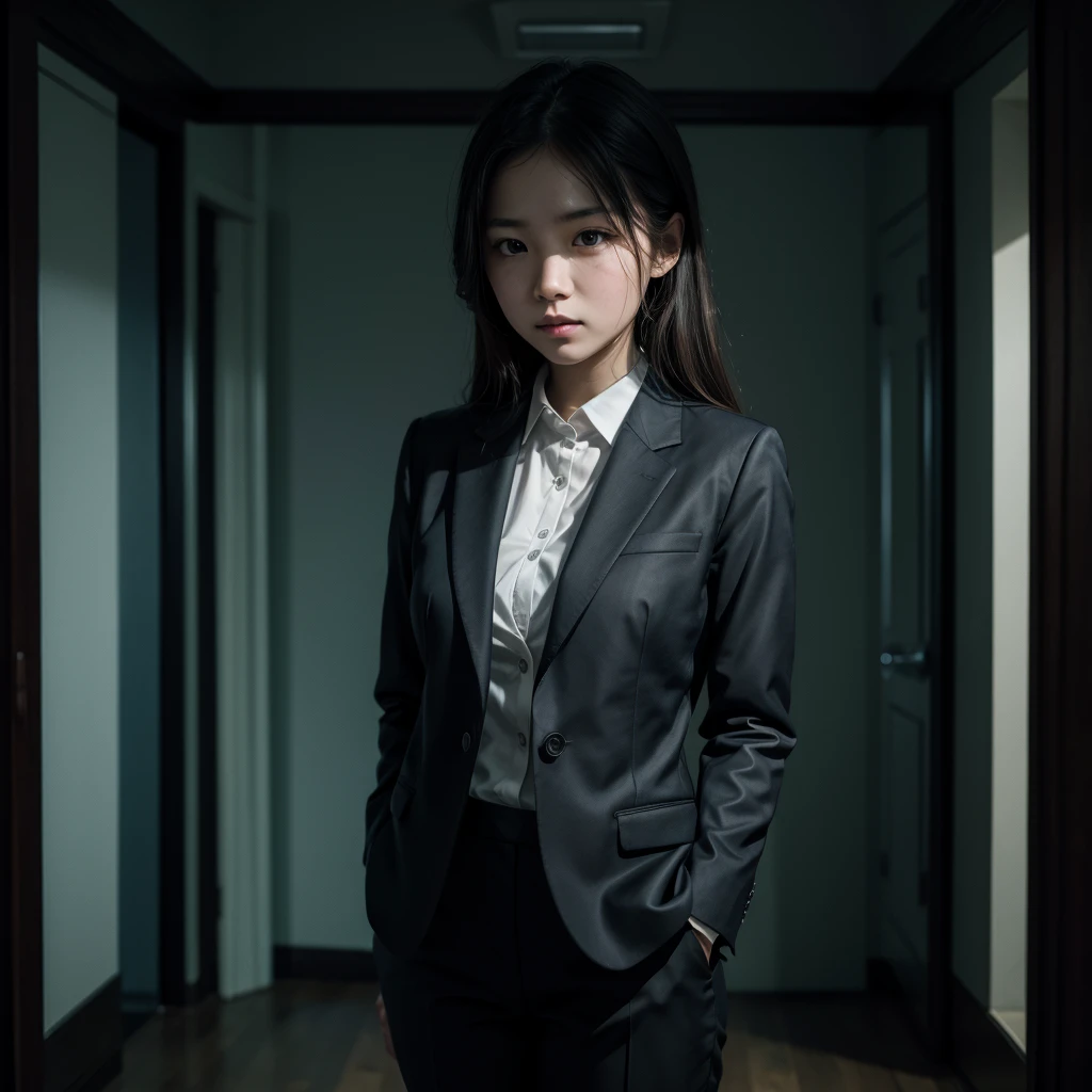 girl in suit in dark room 