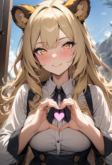 1girl、(((best quality)), ((masterpiece)), (details), masterpiece, best quality, high quality, ulutra detailed, perfect face, ((1girl, blond eyes, tiger ears: 1.3 blond long hair: 2.5,Mole under left eye：2.0))、Shiny Hair、Glowing Skin、Lustful look、smile、Maki...