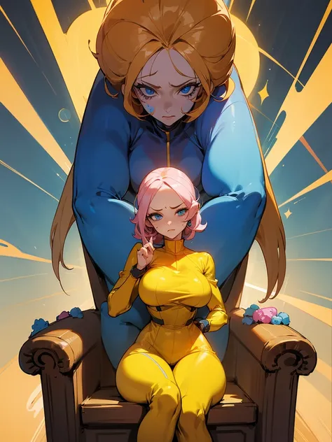 a mature woman , hero pose, cabelo rosa big fit ass, shining blue eyes, wearing a mustard yellow jumpsuit. hero pose, seios big ...