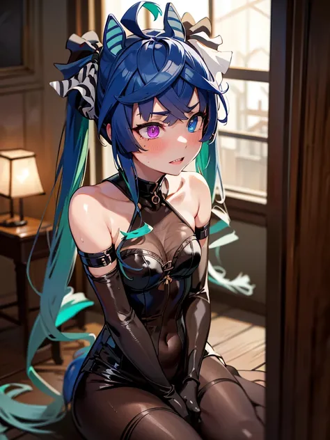 (Masterpiece, best quality, high res、highly detailed cg: 1), A prostitute pretending to feel pleasure, indoors, focused on her facial expression, dim lighting, seductive pose, detailed background. Twin_Turbo_Umamusume, aqua hair, twintails, heterochromia, ...