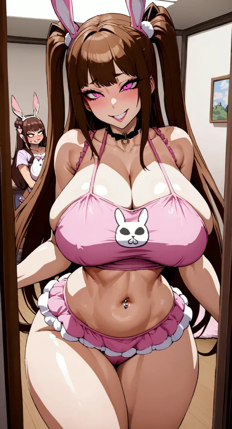 big lips, Brown hair, pink eyes, japanese face, improve, improve grin, two sides up, huge breasts, Wide hips, sexy, detailed, room, Hits, (evil smile1.4), kawaii, bunny skirt, GOOD, bunny suit, bunny skirt, bunny shirt, bunny choker, bunny skirt, bunny shi...