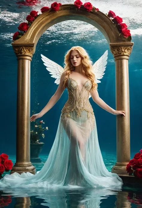 **Image Prompt:** A fantastical scene featuring an ethereal angel with flowing golden hair and delicate wings, submerged within a large hourglass filled with shimmering water. The angel is adorned in a flowing, intricately designed gown that blends with th...