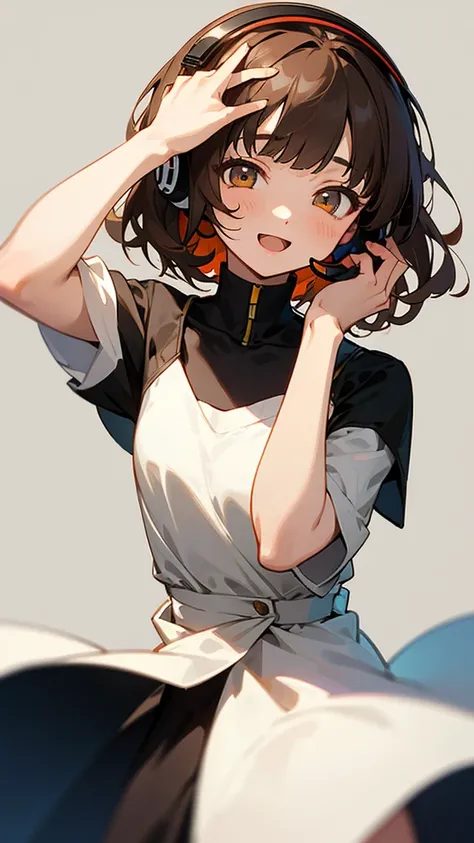 One girl, Brown Hair, Medium Hair, Textured skin, chest, Open your mouth, Bright Eyes, happiness/joy, Simple Background, Headphones worn behind the head, Anime Bangs, Minimalist, Dress up、Hair that hides one eye, 