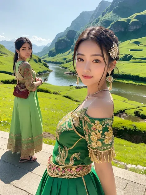 "A stunning Kelashi girl with:

- Piercing green eyes that sparkle like emeralds
- Long, dark hair that cascades down her back like a waterfall, adorned with traditional Kelashi jewelry and flowers
- Smooth, radiant skin with a warm, golden glow
- Intricat...