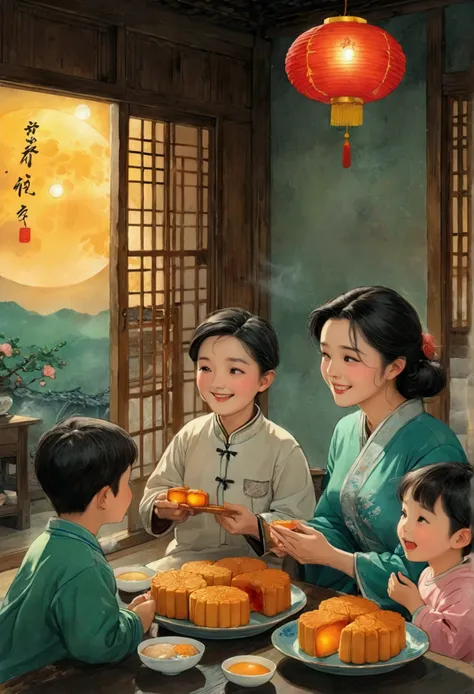 (top quality、8k、masterpiece:1.3)、the family sits together and eats mooncakes,mom, dad and children laughing together，place it in...