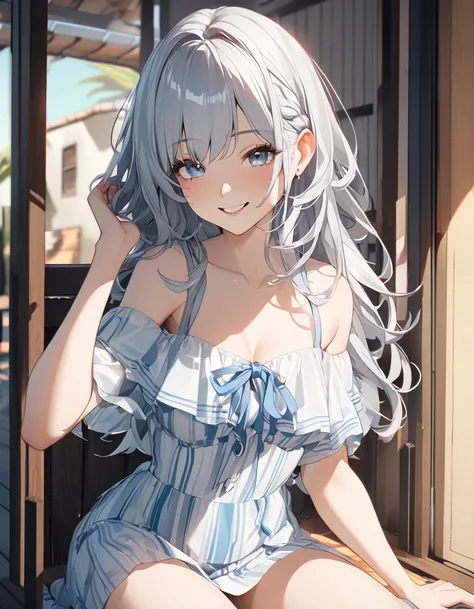 8k, Highest quality, masterpiece, Wallpapers by Unity 8k, (One Girl) , 17 years old、cute、Kind eyes、(((Silver Hair))),(Her hair color is a blue-gray gradient), Medium long hair Beautiful breasts, Summer fashion、smile
