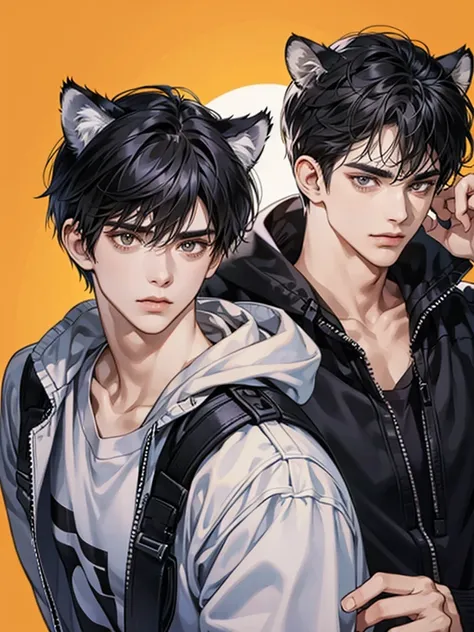 Two men, black hair, tiger ears, cat ears, simple background, 